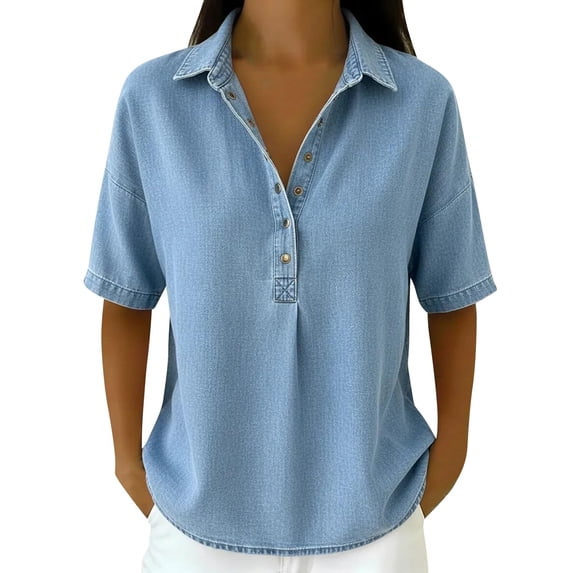 Sillenn Retro Denim Shirt for Women Collar Henley Half Button Short Sleeve Jean Shirt Oversized Dressy Casual Jean Blouse Lightweight Loose Fit Business Casual Office Work Polo Shirt Light Blue Xxl