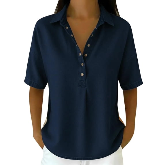 Sillenn Retro Denim Shirt for Women Collar Henley Half Button Short Sleeve Jean Shirt Oversized Dressy Casual Jean Blouse Lightweight Loose Fit Business Casual Office Work Polo Shirt Dark Blue S