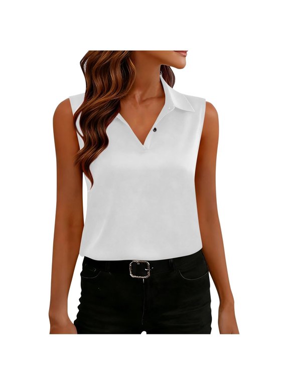 Satin Tank Top Lapel Collar Button Sleeveless Blouses Casual Work Business Vest Silk Tank Top Dressy Elegant Shirt Lightweight Blouses Business Dressy Casual Top Business Work Top White L