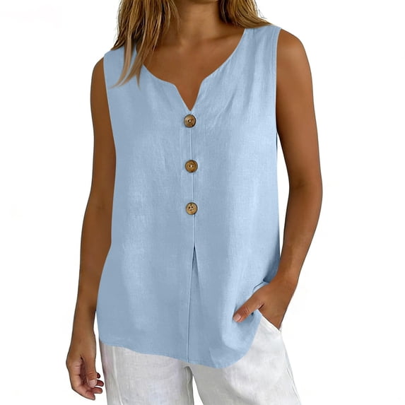 Sillenn Sleeveless Gauze Cotton Linen Tank Tops Notched V Neck Button T Shirts Peasant Boho Beach Casual Boho Cami Shirts Loose Flowy Tunic Shirts Lightweight Gauze Breathable Outfits Light Blue L
