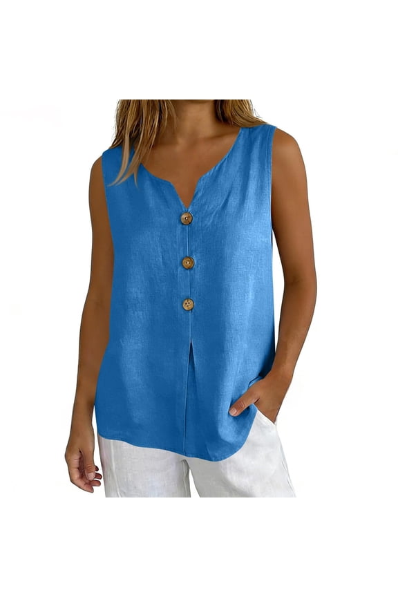 Sleeveless Gauze Cotton Linen Tank Tops Notched V Neck Button T Shirts Summer Peasant Boho Beach Casual Boho Cami Shirts Loose Flowy Tunic Shirts Lightweight Gauze Outfits Blue Xxl