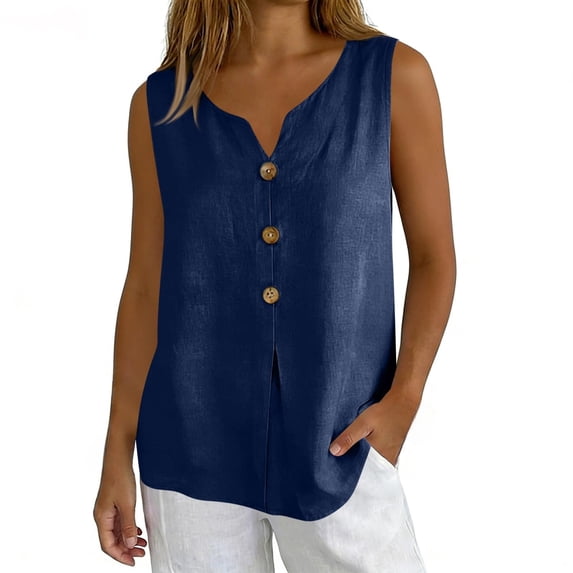 Sillenn Sleeveless Gauze Cotton Linen Tank Tops Notched V Neck Button T Shirts Summer Peasant Boho Beach Casual Boho Cami Shirts Loose Flowy Tunic Shirts Lightweight Gauze Breathable Outfits Navy S