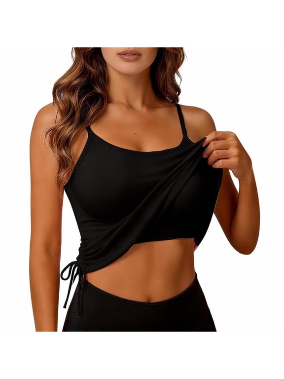 Spaghetti Strap Tank Top with Built In Bra Ruched Drawstring Side Sleeveless Camisole Tops Summer Plus Size Tank Basic Layering Top U-Back Yoga Top Sleeveless Yoga Shirts Shelf Bra Black S