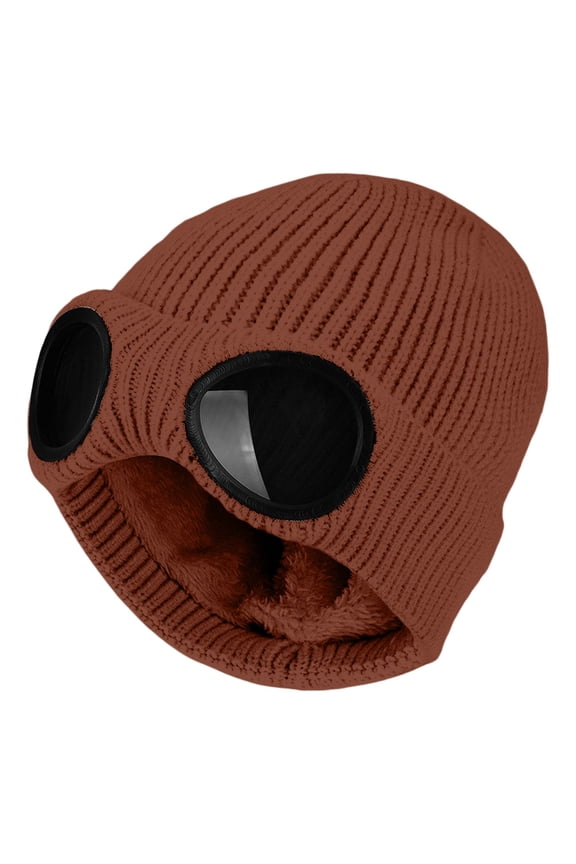 Unisex Goggle Knitted Beanie with Glasses Built In Windproof Winter Warm Skull Cap Thermal Fleece Lined Ski Cap Stretch Biker Hat Rib Knit Mask Cold Weather Face Covering Beaniebrick Red