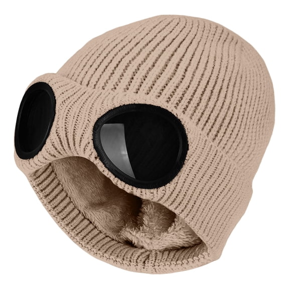 Sillenn Unisex Goggle Knitted Beanie with Glasses Windproof Warm Winter Skull Cap Cute Thermal Fleece Lined Ski Goggle Crochet Hat Stretch One Piece Headwear Rib Knit Mask Face Covering Beaniebeige