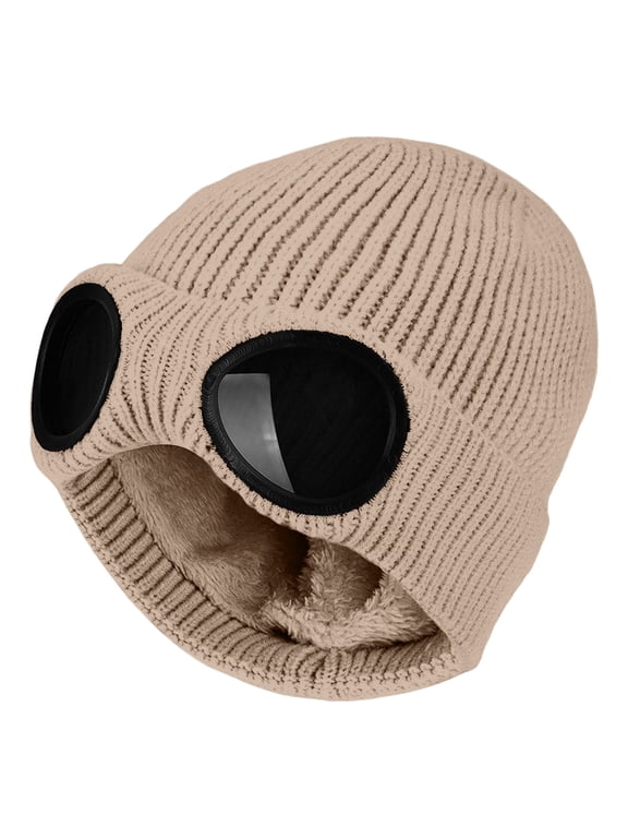 Unisex Goggle Knitted Beanie with Glasses Windproof Warm Winter Skull Cap Cute Thermal Fleece Lined Ski Goggle Crochet Hat Stretch One Piece Headwear Rib Knit Mask Face Covering Beaniebeige