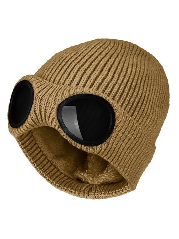 Unisex Goggle Knitted Beanie with Glasses Windproof Warm Winter Skull Cap Thermal Fleece Lined Ski Cap Stretch One Piece Headwear Rib Knit Mask Cold Weather Face Covering Beanie Khaki
