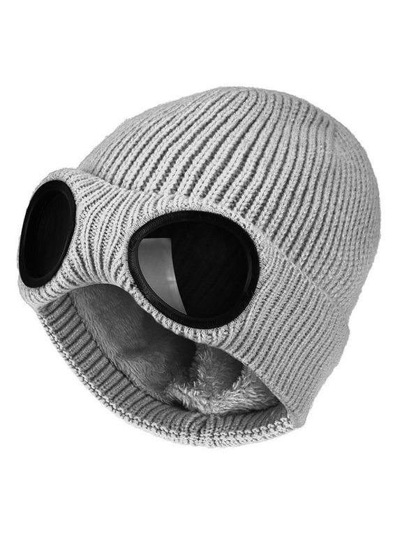 Unisex Goggle Knitted Beanie with Glasses Windproof Warm Winter Skull Cap Thermal Fleece Lined Ski Cap Stretch One Piece Headwear Rib Knit Mask Cold Weather Face Covering Beaniegrey One Size