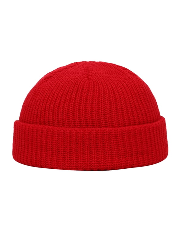 Unisex Ribbed Knit Docker Beanie Short Rolled Cuff Skullcap Retro Streetwear Winter Warm Hat Warm Cuffed Swag Knit Short Fisherman Beanie for Men Women Winter Hats Trawler Skull Cap Red