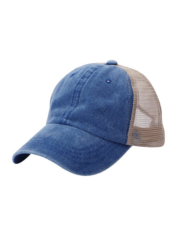 Vintage Mesh Baseball Cap Low Profile Trucker Hat Breathable Cotton Sun Hat Mesh Baseball Cap Retro Washed Trucker Cap Breathable Sun Hat Unstructured Distressed Headwear Blue One Size