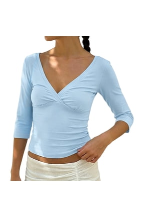 Women 3/4 Sleeve Wrap Deep V Neck Crop Tshirt Open Back Retro Tee Ruched Slim Fit Summer Going Out Tops Soft Stretchy Basic Cute Slim Fit T-Shirt Workout Cropped Tee Shirts Light Blue S