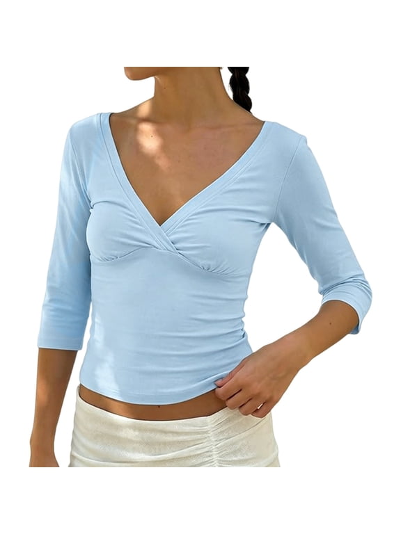 Women 3/4 Sleeve Wrap Deep V Neck Crop Tshirt Open Back Retro Tee Ruched Slim Fit Summer Going Out Tops Soft Stretchy Basic Cute Slim Fit T-Shirt Workout Cropped Tee Shirts Light Blue S
