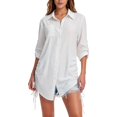 thumbnail image 1 of Sillenn Women Beach Cover Up Shirt Side Drawstring Button Up Shirt Oversized Beach Cover Up Dress Top Plus Size Swimsuit Bathing Suit Coverup Bikini Beachwear Loose Collared Tunic Shirt White L, 1 of 8
