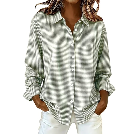 Sillenn Women's Plaid Button Down Collared Shirt Long Sleeve Gingham Checkered Blouse Dressy Casual Work Office Tunic Shirts Lightweight Loose Fit Boyfriend Tops Fall Going Out Outfits Light Green L