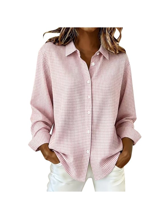 Women's Plaid Button Down Collared Shirt Long Sleeve Gingham Checkered Blouse Dressy Casual Work Office Tunic Shirts Lightweight Loose Fit Boyfriend Tops Fall Going Out Outfits Pink S