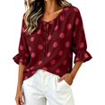thumbnail image 1 of Sillenn Women's Polka Dot Blouse Tie V Neck Ruffle Cuff 3/4 Sleeve Casual Loose Fit Summer Shirts Lightweight Vintage Office Dressy Casual Tops Trendy Elegant Vacation Basic Polka Dot Tops Wine S, 1 of 9