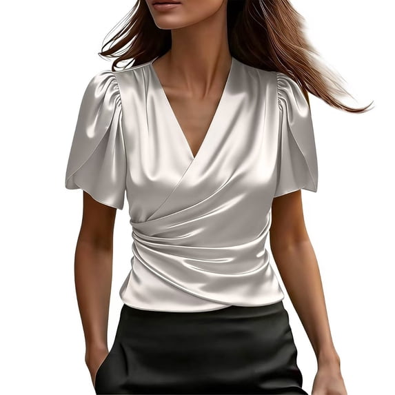 Sillenn Women's Satin V-Neck Blouse Puff Short Sleeve Wrap Front Ruched Waist Top Silky Slim Fit Elegant Satin Silk Shirt Dressy Casual Office Work Tops Trendy Going Out Cropped Blouses White Xl