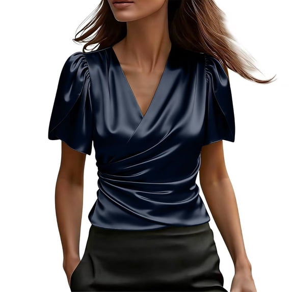 Sillenn Women's Satin V-Neck Blouse Puff Short Sleeve Wrap Front Ruched Waist Top Silky Slim Fit Elegant Shirt Satin Silk Shirt Dressy Casual Office Work Tops Trendy Going Out Cropped Blouses Navy L