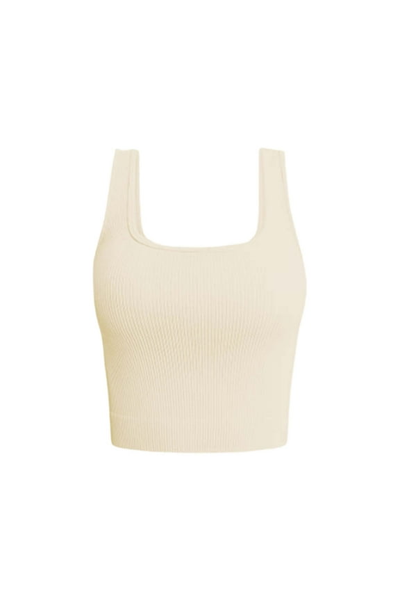 Women's Square Neck Ribbed Crop Tank Top Seamless Stretchy Sleeveless Camisole Soft Basic Layering Shirt Workout Cropped Tops Summer Exercise Yoga Gym Shirts Fitted Basic Camisole Beige L