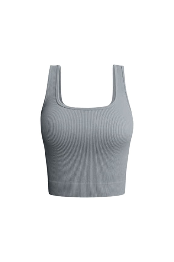 Women's Square Neck Ribbed Crop Tank Top Seamless Stretchy Sleeveless Camisole Soft Basic Layering Shirt Workout Cropped Tops Summer Exercise Yoga Gym Shirts Fitted Basic Camisole Grey M