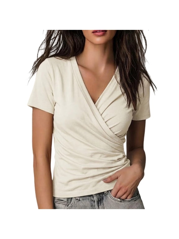 Women's Wrap Ruched Tops Cross V Neck Short Sleeve Slim Fitted T Shirts Summer Casual Wrap Shirts Trendy Cinched Waist Going Out Tops Elegant Soft Stretchy Basic Slim Tee Shirts Beige M