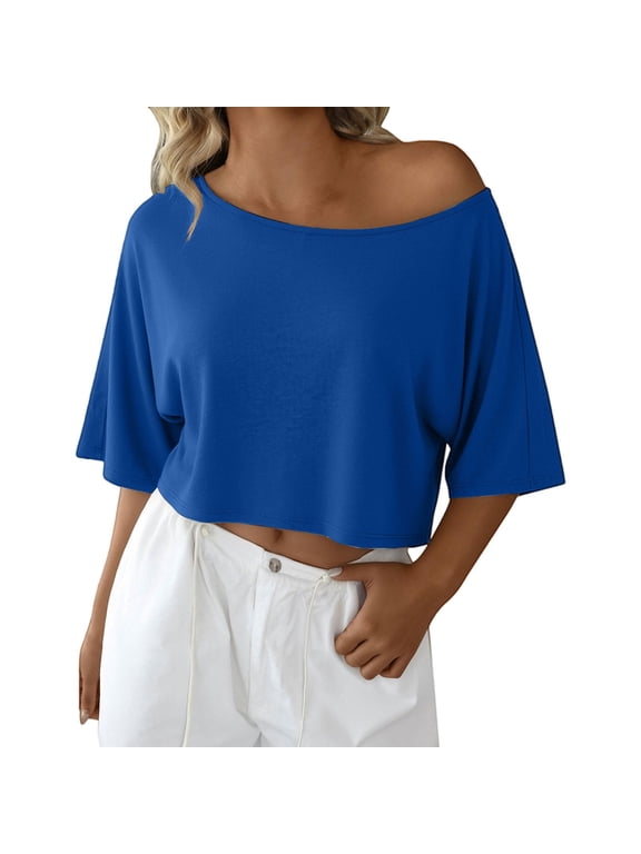 Womens Off The Shoulder Cropped T Shirts Batwing Short Sleeve Tops Loose Summer T Shirts Summer Short Sleeve Tops Womens Cropped Tshirt Oversized Pullover Top Plus Size Crop Top Blue L