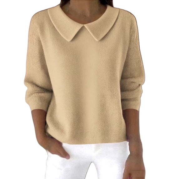 Sillenn Womens Trendy Long Sleeve Peter Pan Collar Sweater Lightweight Casual Knit Basic Pullover Sweaters Oversized Cute Pullover Sweatshirts Soft Stretchy Shirts Cozy Fall Winter Clothes Khaki Xxl