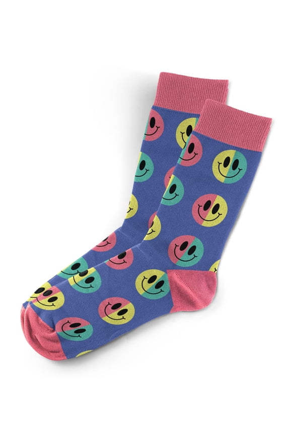 Bi- Color Smiley Faces Socks - Funny Novelty Unisex Sock Set, Woven Art Socks, Fun Unique Patterns And Designs, Silly Crew Socks Gift