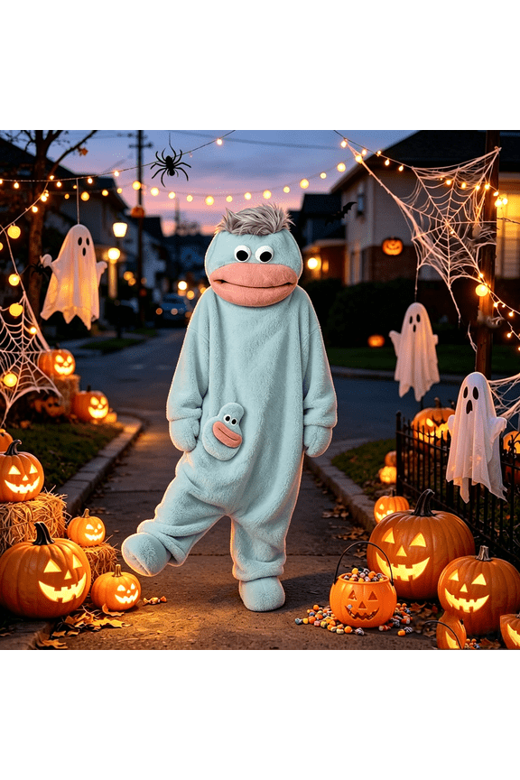 Silly Big Mouth Monster Character Silly Onesie Adult Pajamas, Ultra-Soft Fleece One-Piece Loungewear, Cozy Integrated Sleepwear for Men & Women with Combs,,Light Blue L