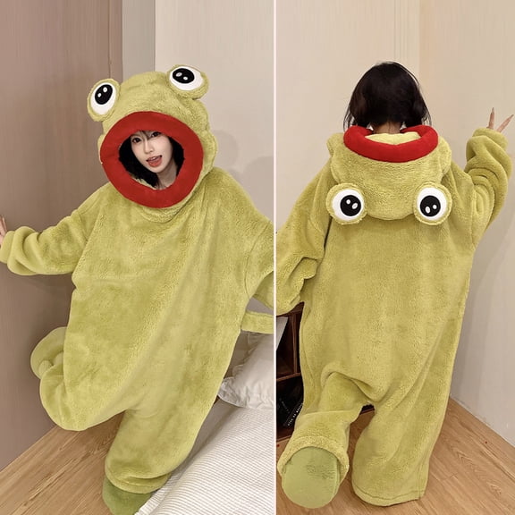 Silly Big Mouth Monster Character Silly Onesie Adult Pajamas, Ultra-Soft Fleece One-Piece Loungewear, Cozy Integrated Sleepwear for Men & Women, Green L
