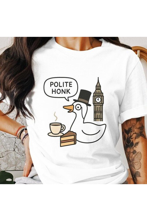 Silly British Goose Shirt – “Polite Honk” Top Hat Monocle Big Ben Tea T-Shirt – Funny Cute Minimalist UK Animal Tee – British Humor Gift