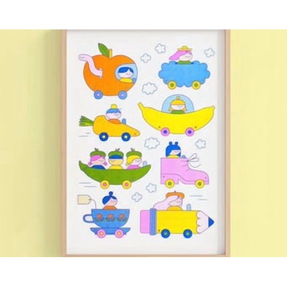 Silly Cars Risograph Print A3 Colorful Kids Wall Art Netherlands Print Poster , Poster Print Only