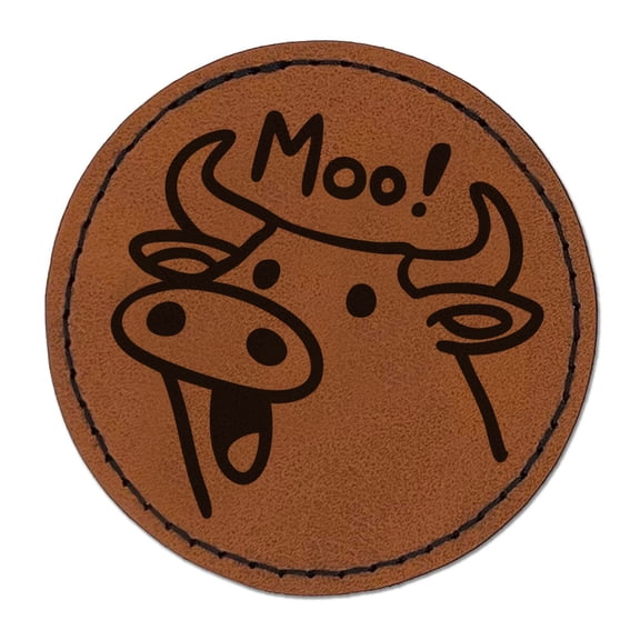 Silly Cartoon Cow Moo Round Iron-On Engraved Faux Leather Patch Applique - 2.5 Inch - Brown
