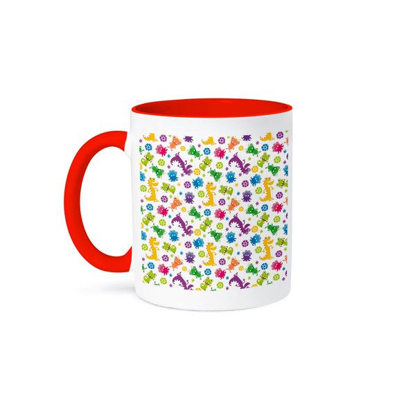 Silly Crazy Colorful Cartoon Monsters And Aliens Cartoon Sci-Fi Pattern, 15oz Two-Tone Red Mug
