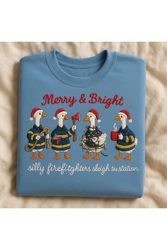 Silly Firefighters Sleigh Station Embroidered Sweatshirt, Christmas Goose Crewneck, Funny Fireman Gift, Holiday Firefighter Sweater