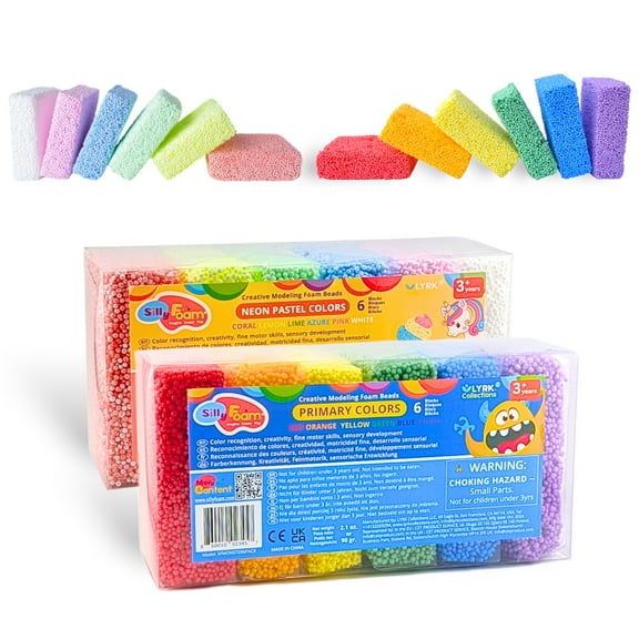 Silly Foam 6 Primary and 6 Neon Pastel Colors Foam Beads Art and Craft Foam 2 Count