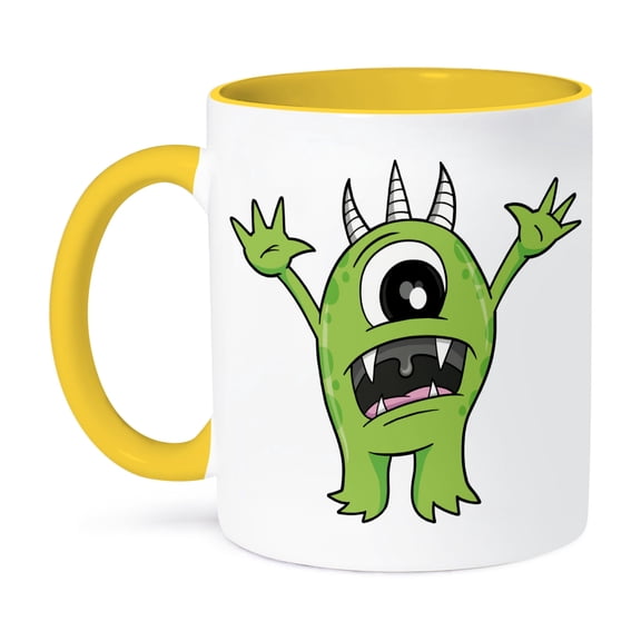 3dRose, Silly Frantic Up in Arms Green Cyclops Horned Monster Cartoon, 11oz Two-Tone Yellow Mug
