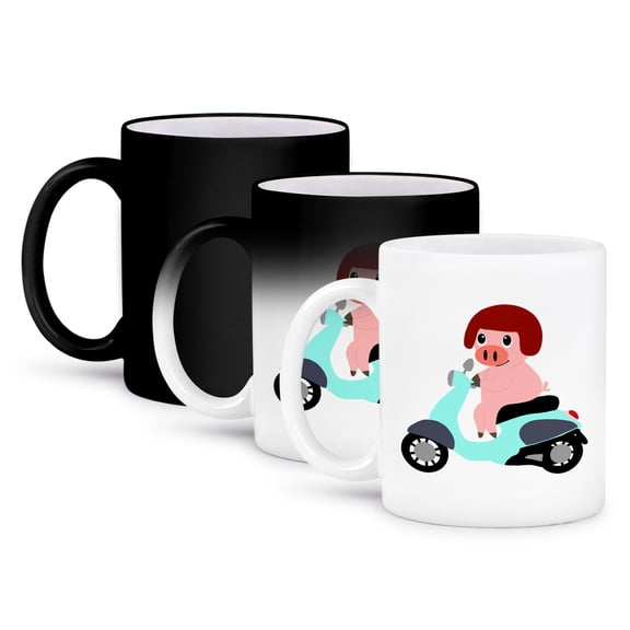 3drose, Silly Fun Unique Pink Pig Riding a Motor Scooter Cartoon, 11oz Magic Transforming Mug
