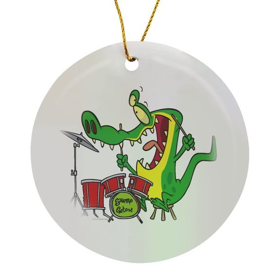 3drose, Silly Gator Alligator Drummer Cartoon, Circle Porcelain Ornament