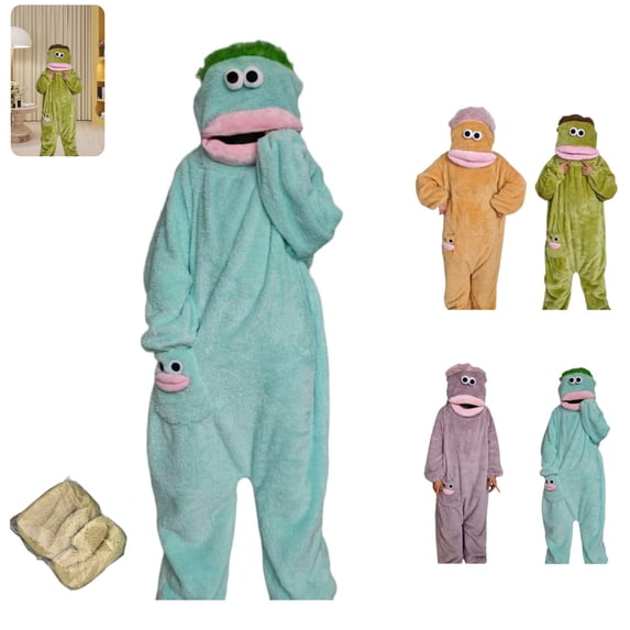 Silly Goofy Onesie for Adults - Frog Onesie Funny Monster Pajamas Fleece Jumpsuit Hooded Cozy Loose Fit Plush Loungewear with Shoes Included Light Blue L