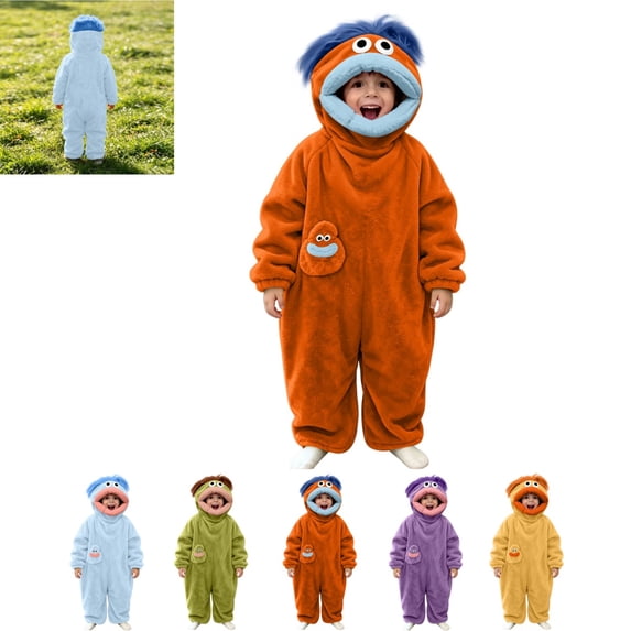 Silly Goofy Onesie for Kids- Frog Onesie Funny Monster Pajamas Fleece Jumpsuit Hooded 2026 Fashion Cozy Relaxed Fit Plush Loungewear,with shoe cover (No Comb) Orange 8-9 Years