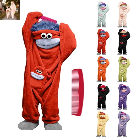 Silly Goofy Onesie for Kids- Frog Onesie Funny Monster Pajamas Fleece Jumpsuit Hooded Cozy Loose Fit Plush Loungewear,with Comb (No Shoes Included) Red 8-9 Years
