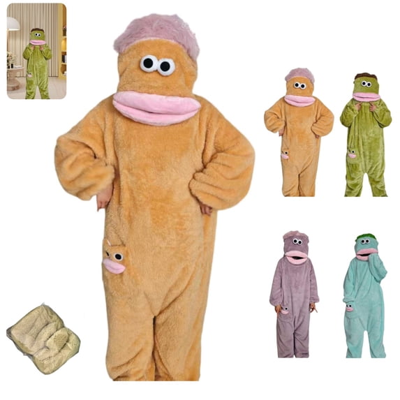 Silly Goofy Onesie for Adults - Frog Onesie Funny Monster Pajamas Fleece Jumpsuit Hooded Cozy Loose Fit Plush Loungewear with Shoes Included Yellow S