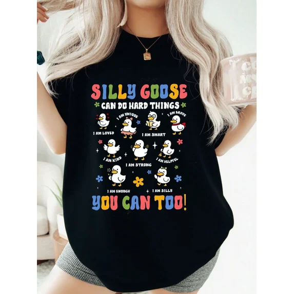 Silly Goose Can Do Hard Things Women's Graphic T-Shirt Positive Affirmations Motivational Short Sleeve Tee