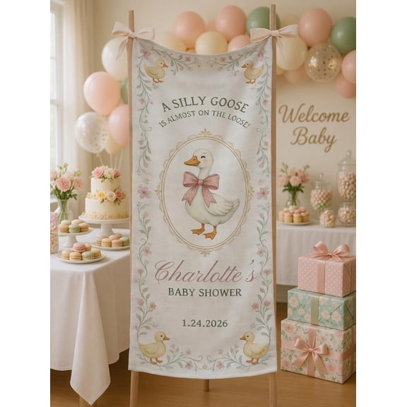 Silly Goose Fabric Welcome Banner, Personalized Party Backdrop, Custom Name and Date Sign, Event Decor Gift
