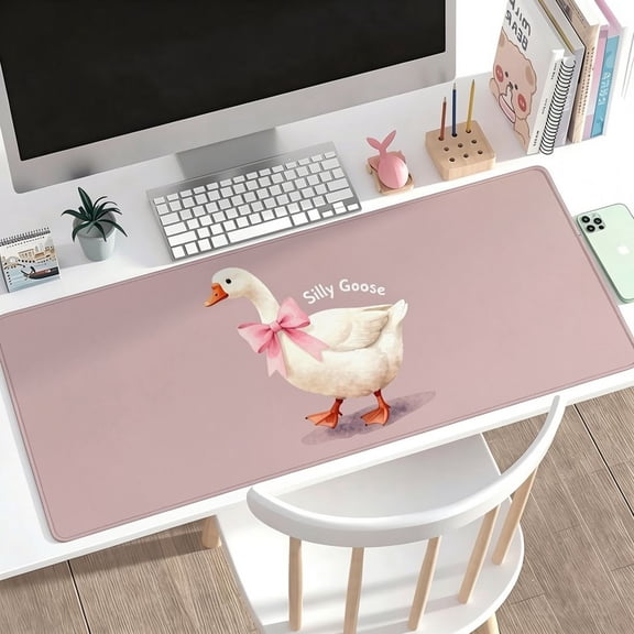 Silly Goose Gaming Mouse Pad, Pink Bow Goose Mousepads For Gaming Home Office Work, Extended Mats Computer Keyboard Laptop, 12x32 Inch Large Desk Mat With Non-Slip Rubber Base