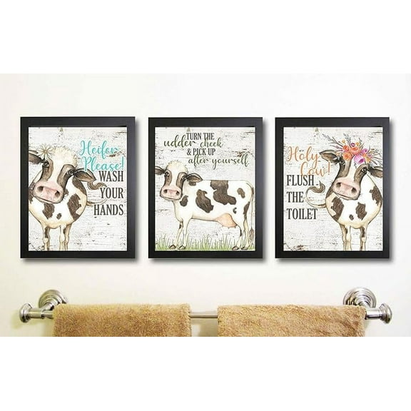 Silly Goose Gifts Heifer Please! Wash Your Hands - Fun Bathroom Rustic Farmhouse Decor Cow Wall Art Prints Wood Country Style Watercolor Design