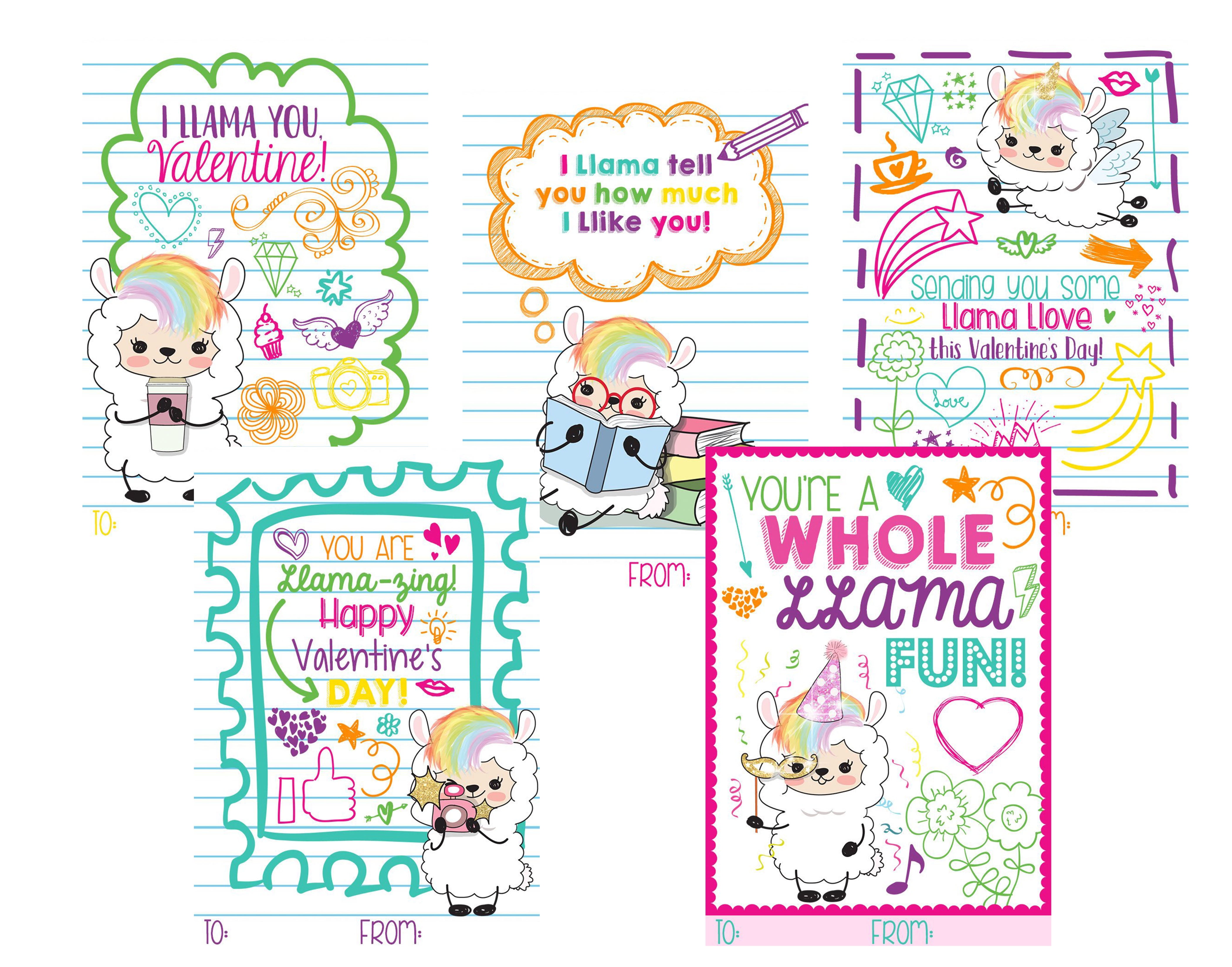 Silly Goose Gifts Llama Fun Themed Valentine Day Classroom Sharing Card Set (25 Included) Trendy Hipster Doodle Valentine's Kids Exchange