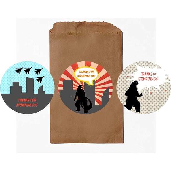 Silly Goose  Monster Type (Favor Stickers) Thanks for Stomping By - Set of 24 Kids Dragon Alien Comic Book Movie Themed Self Adhesive