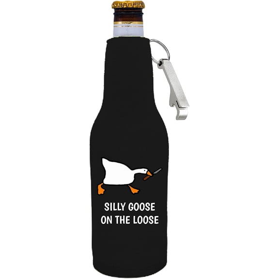 Silly Goose On The Loose Funny Zipper Beer Bottle Coolie With Opener Attached (Black)
